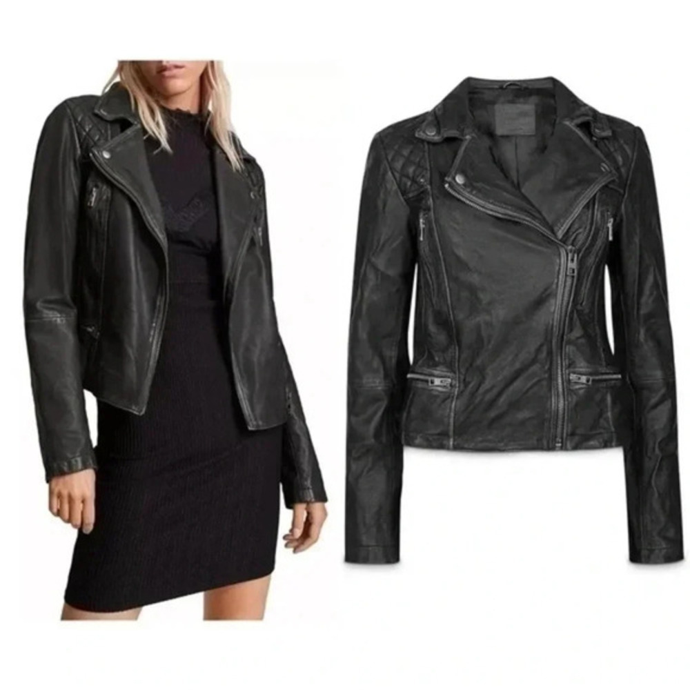 ALLSAINTS Cargo Quilted Leather Biker Jacket, Black/Grey, Size 2 B370